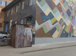 Камышане не понимают назначения ободранного металлического контейнера, появившегося  у известного панно «Женщина с арбузом» в центре города