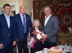 Вип-персоны Камышина «столпились» на фотоснимке, где они поздравляют ветерана-фронтовичку