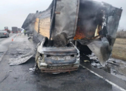 На трассе между Камышином и Волгоградом лесовоз и легковушка столкнулись и вспыхнули, "скорые" забрали три трупа с места происшествия (ВИДЕО)