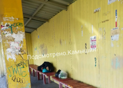 На остановке в Камышине живут двое бомжей - спят здесь, туалет устроили...
