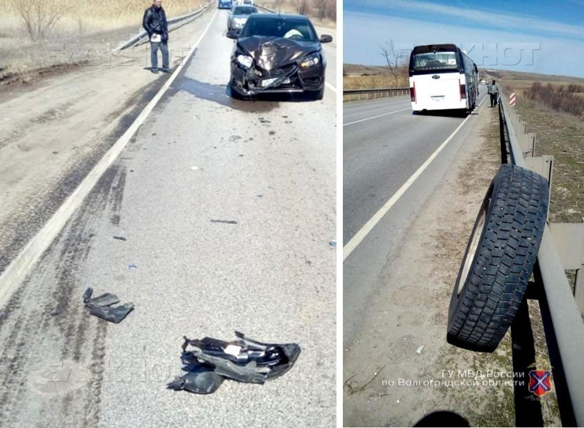 На трассе под Камышином водитель автобуса на скорости потерял колесо, которое совершило столкновение на «встречке"