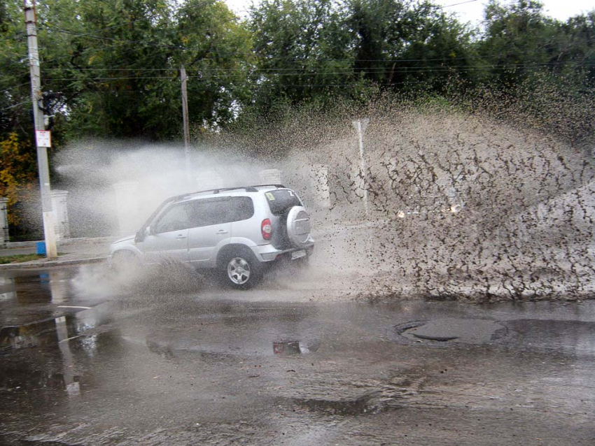 Из-за разлившихся после дождя луж в самом центре Камышина проходит местное «сафари"