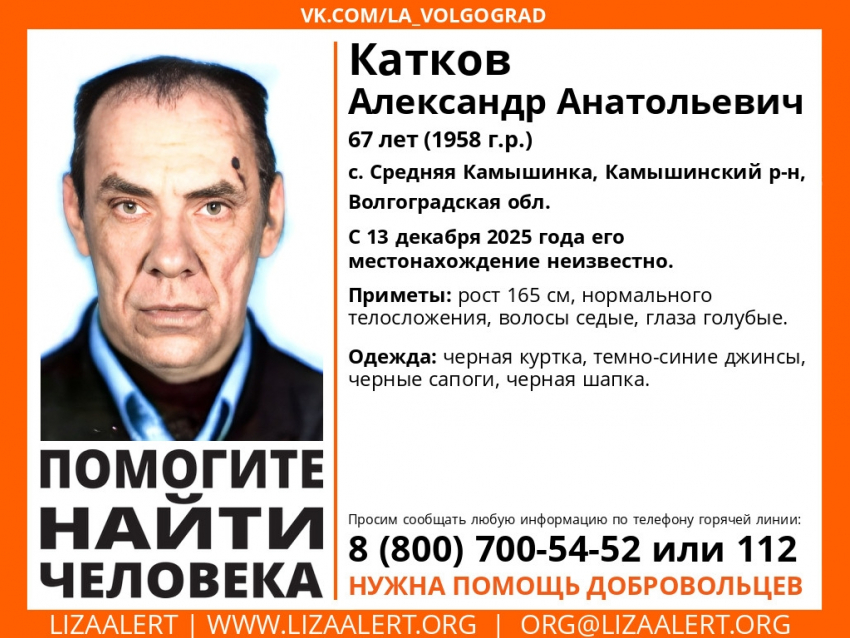 «ЛизаАлерт» зовет добровольцев искать бесследно пропавшего пенсионера в Камышинском районе
